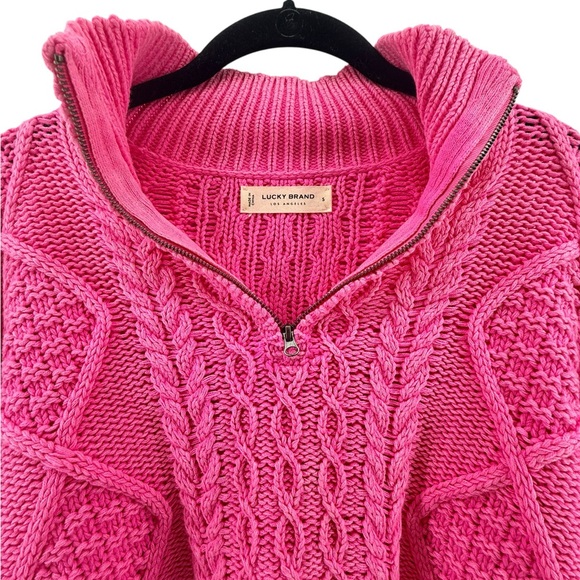 Lucky Brand Cable Knit Quarter Zip Pink Turtleneck Cotton Blend Sweater - Picture 5 of 7